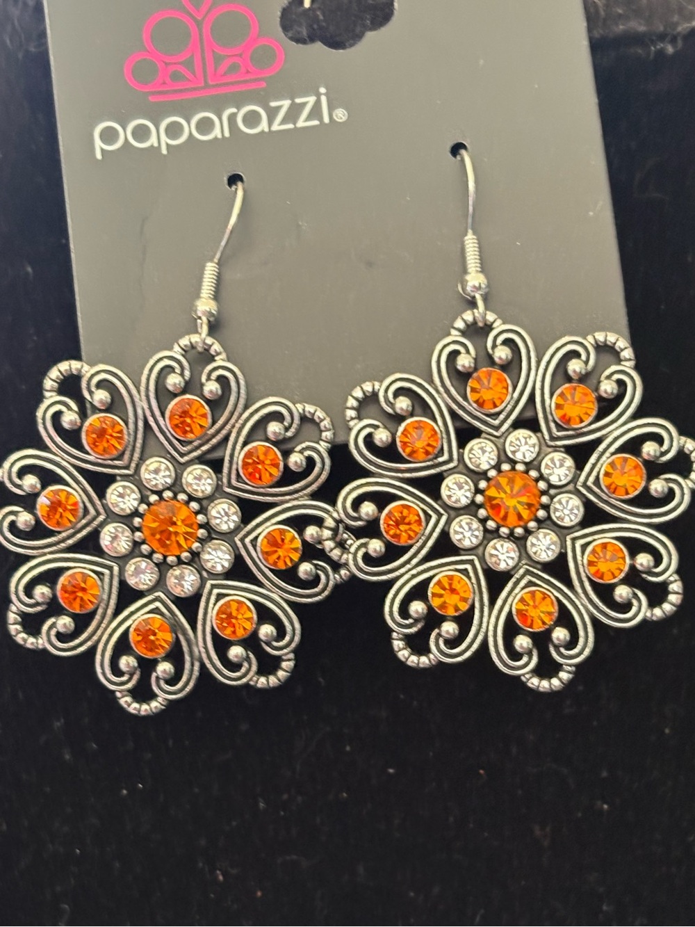 paparazzi Orange Crystal Filigree Flower Earrings